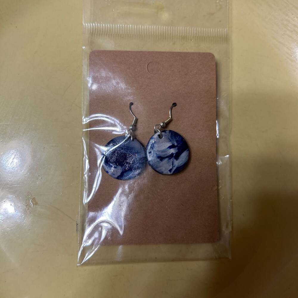 Handmade Blue and White Abstract Marble Resin Round Dangle Earrings